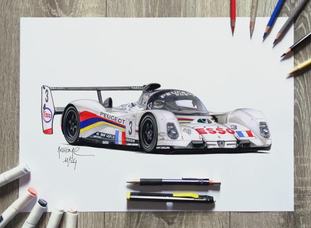 1boy, anthony-c, car, colored_pencil, colored_pencil_(medium), english_commentary, eric_helary, french_flag, le_mans_prototype, marker, marker_(medium), mechanical_pencil, michelin, michelin_man, motor_vehicle, pencil, peugeot, peugeot_905, photo_(medium), race_vehicle, racecar, real_life, signature, solo, spoiler_(automobile), traditional_media, vehicle_focus
