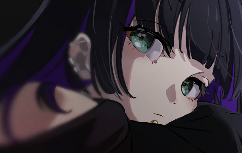 1girl, barbell_piercing, black_dress, black_hair, blurry, bocchi_the_rock!, clothing_cutout, colored_inner_hair