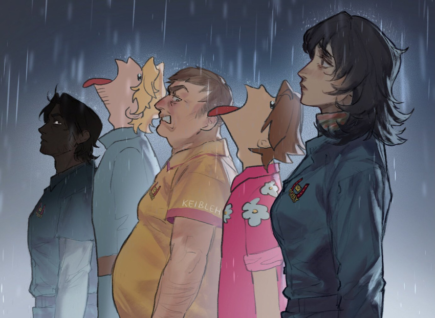 1girl, 4boys, anya_(mouthwashing), beard_stubble, black_hair, blonde_hair, blue_jumpsuit, brown_hair, clenched_teeth, curly_(mouthwashing), daisuke_(mouthwashing), everyone, facial_hair, floral_print, from_side, frown, goku_and_vegeta_in_the_rain_(meme), jacket, jimmy_(mouthwashing), jumpsuit, keibleh, looking_ahead, looking_at_another, medium_hair, meme, mouthwashing, multiple_boys, open_mouth, pink_jacket, rain, shirt, short_hair, stubble, swansea_(mouthwashing), teeth, tongue, tongue_out, yellow_shirt