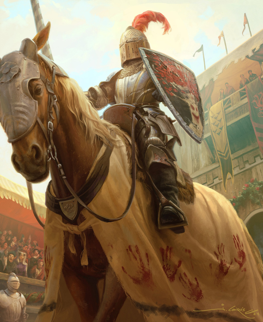 2boys, 6+others, a_song_of_ice_and_fire, absurdres, armor, building, crowd, feathers