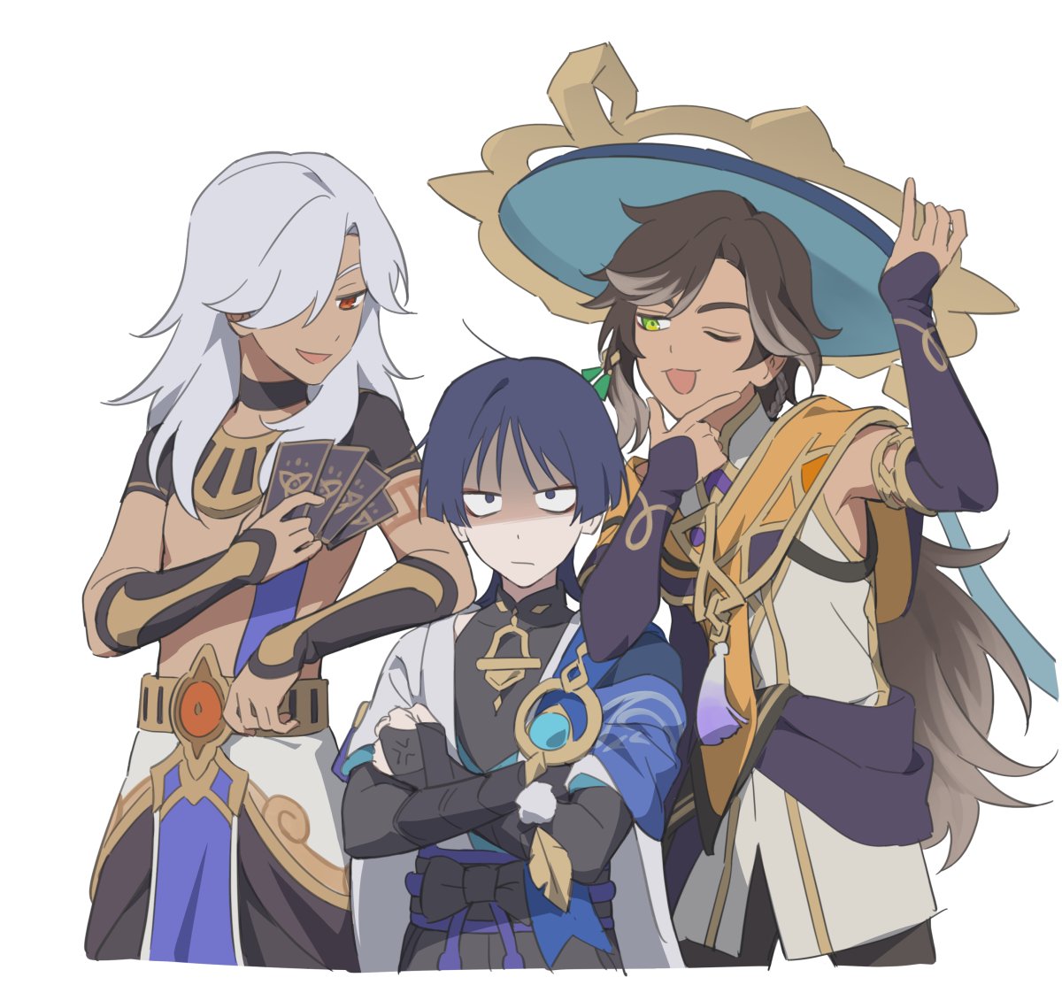3boys, angduuuu_(ghost), anger_vein, armor, bell, black_choker, brown_hair, card