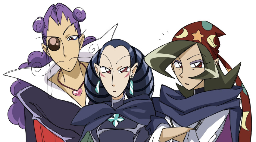 1boy, 2girls, alexander_t_oyajide, bandana, black_hair, black_jacket, blue_scarf, bonnou_(kisikaisei), character_request, crossed_arms, earrings, facial_hair, facial_mark, green_hair, heart, heart_necklace, highres, jacket, jewelry, long_hair, long_mustache, looking_at_viewer, monocle, multiple_girls, mustache, necklace, notice_lines, ojamajo_doremi, purple_hair, red_bandana, red_eyes, scarf, shirt, simple_background, upper_body, white_background, white_shirt