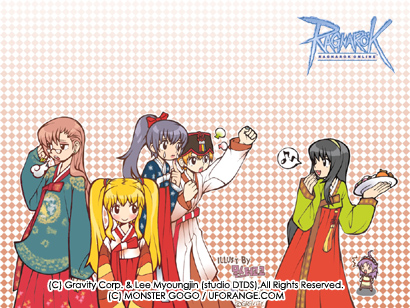 6+girls, alternate_costume, bad_id, black_eyes, black_hair, blonde_hair, blossom_(ragnarok_online), blue_hanbok