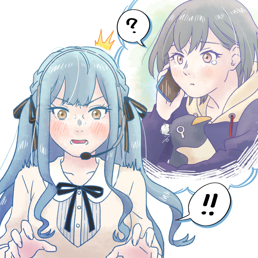 !, 2girls, ?, bang_dream!, bang_dream!_it's_mygo!!!!!, black_ribbon, blue_hair, blush