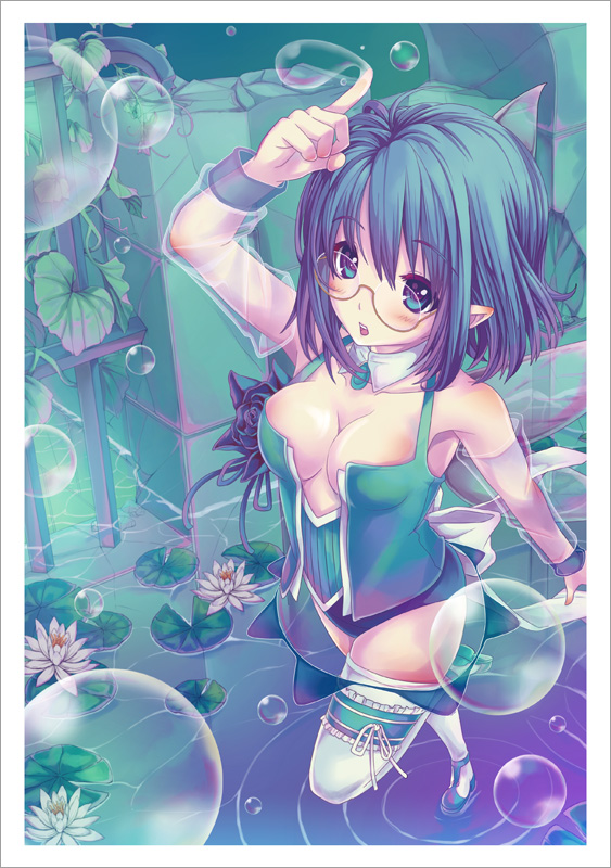 blue_hair, blush, bubble, glasses, lily_pad, looking_up, mabinogi, siren_(mabinogi)