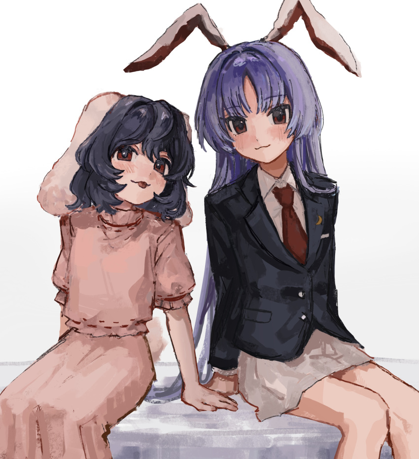 2girls, :p, absurdres, animal_ears, b_nosk101, black_hair, black_jacket, blazer