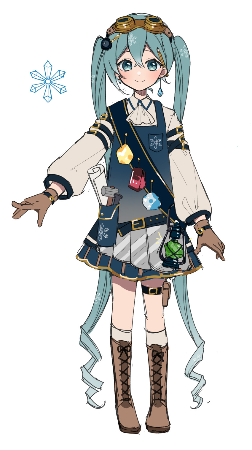 1girl, absurdres, aqua_eyes, aqua_hair, ascot, belt, belt_buckle, blue_gemstone