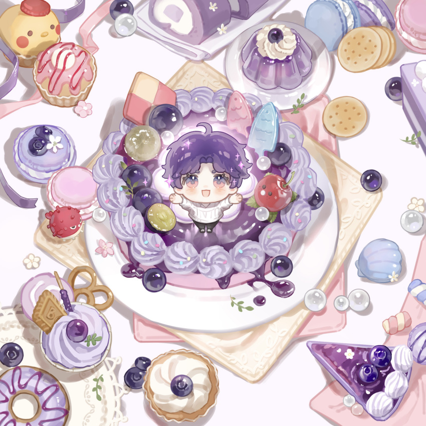 1boy, :d, absurdres, ahoge, animal, black_pants, blueberry, blush
