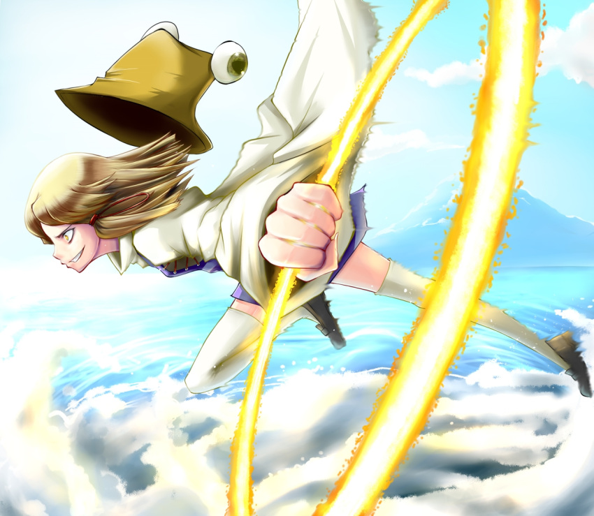 blonde_hair, blue_sky, chakram, clenched_hand, cloud, clouds, fist, flying