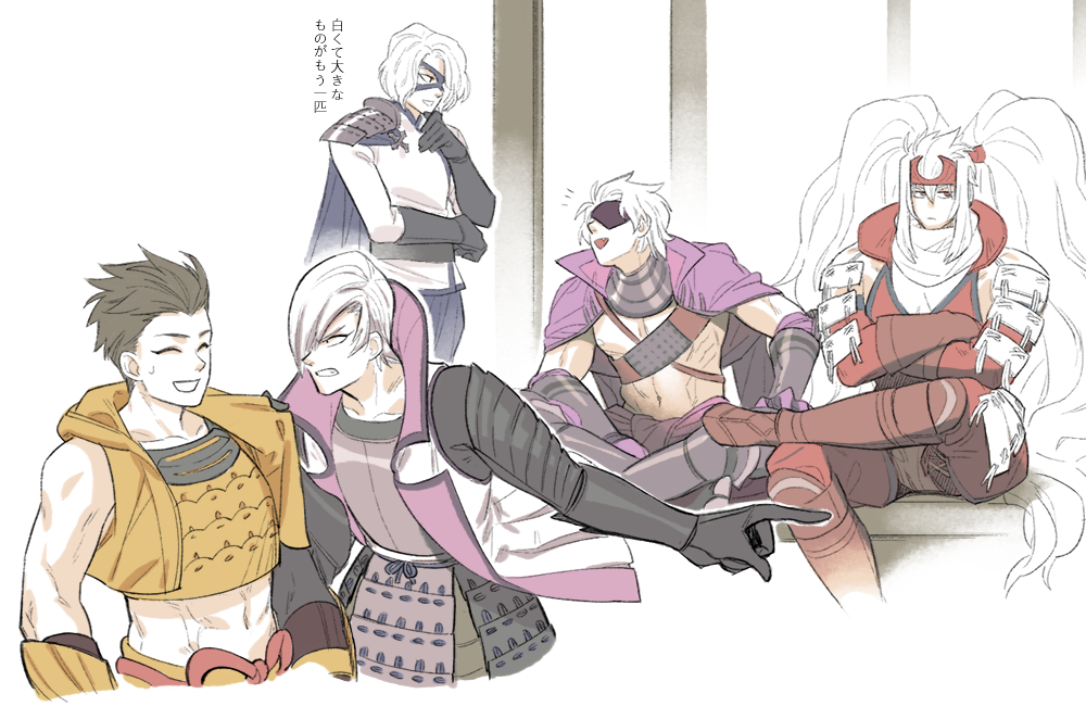 5boys, :d, armor, big_hair, chousokabe_motochika_(sengoku_basara), clenched_teeth, clothes_grab, cropped_jacket