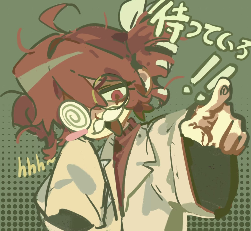 1girl, ahoge, alternate_costume, blush_stickers, chinese_commentary, coke-bottle_glasses, commentary_request, drill_hair, fake_facial_hair, fake_mustache, glasses, green_background, hair_ribbon, hakase_(synthesizer_v), half-closed_eyes, halftone, halftone_background, hand_up, highres, kasane_teto, kasane_teto_(sv), lab_coat, long_sleeves, looking_at_viewer, messy_hair, mr.cockroach, opaque_glasses, open_mouth, oversized_clothes, partially_opaque_glasses, pointing, pointing_at_viewer, red_eyes, red_sweater, redhead, ribbon, round_eyewear, short_hair, shouting, simple_background, single_blush_sticker, single_sleeve_past_fingers, solo, sweater, synthesizer_v, tareme, translation_request, turtleneck, turtleneck_sweater, twin_drills, upper_body, utau, v-shaped_eyebrows, white_ribbon