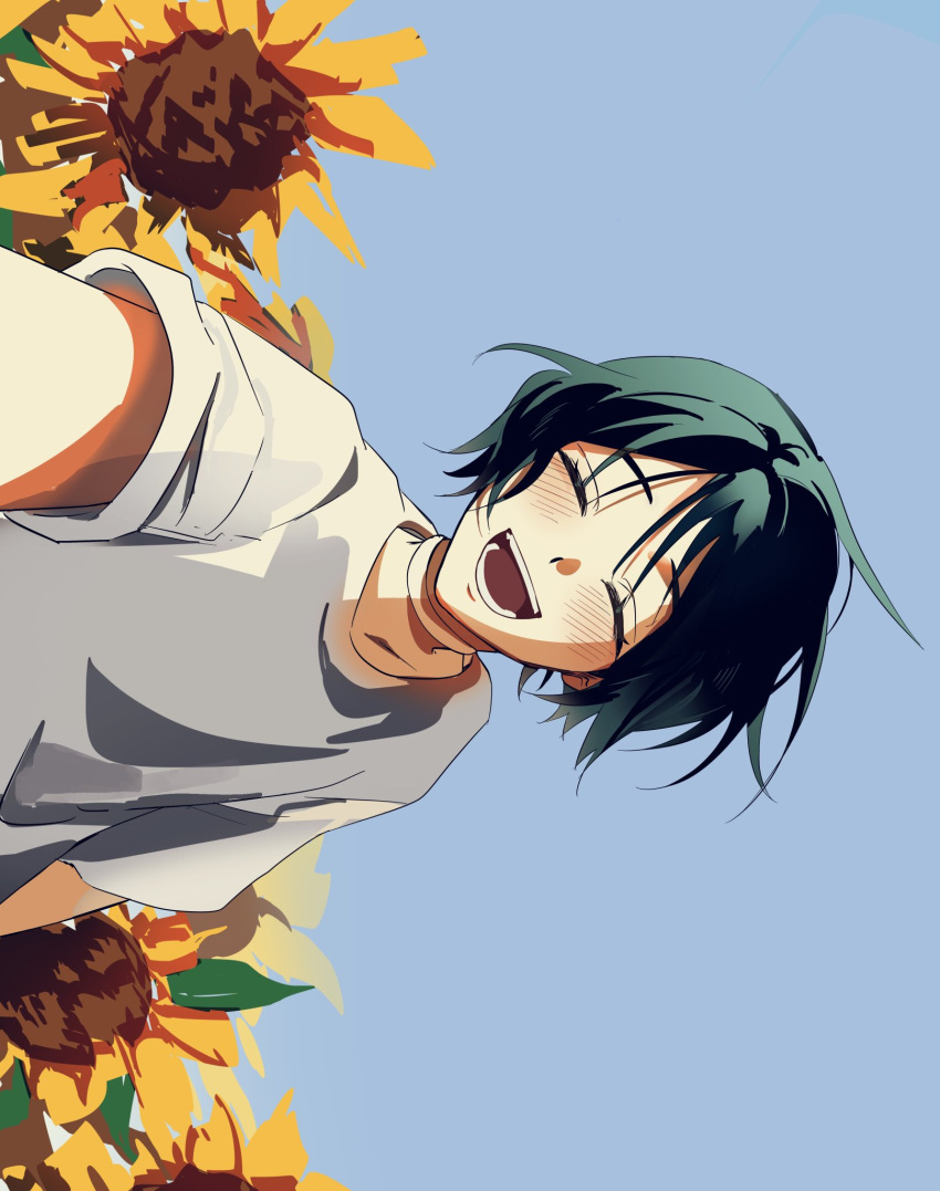 1girl, alien_stage, black_hair, blue_sky, blush, closed_eyes, commentary, female_pov