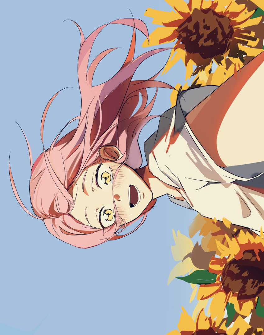1girl, alien_stage, blue_sky, blush, commentary, female_pov, field, floating_hair