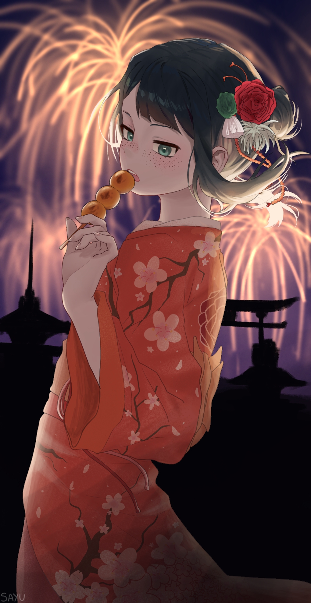 1girl, aerial_fireworks, alternate_costume, amburrge, artist_name, black_hair, commentary, dango