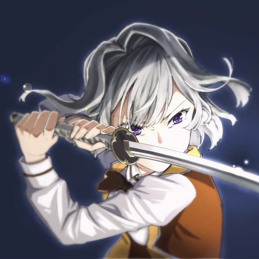 1girl, blue_background, collared_shirt, commentary_request, grey_hair, hair_intakes, highres, hitakami_makoto