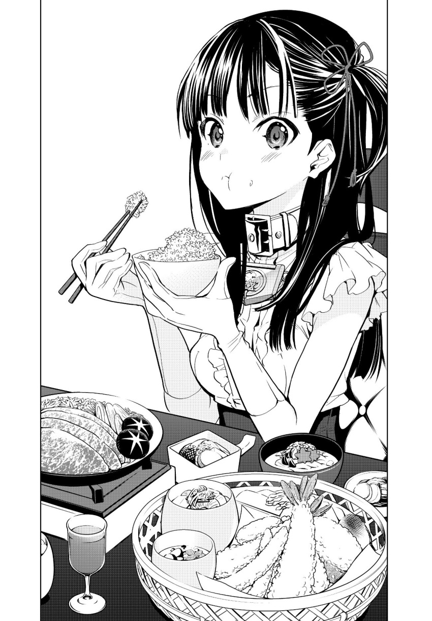 1girl, abeno_chako, black_hair, blush, bowl, chopsticks, collar, copyright_request