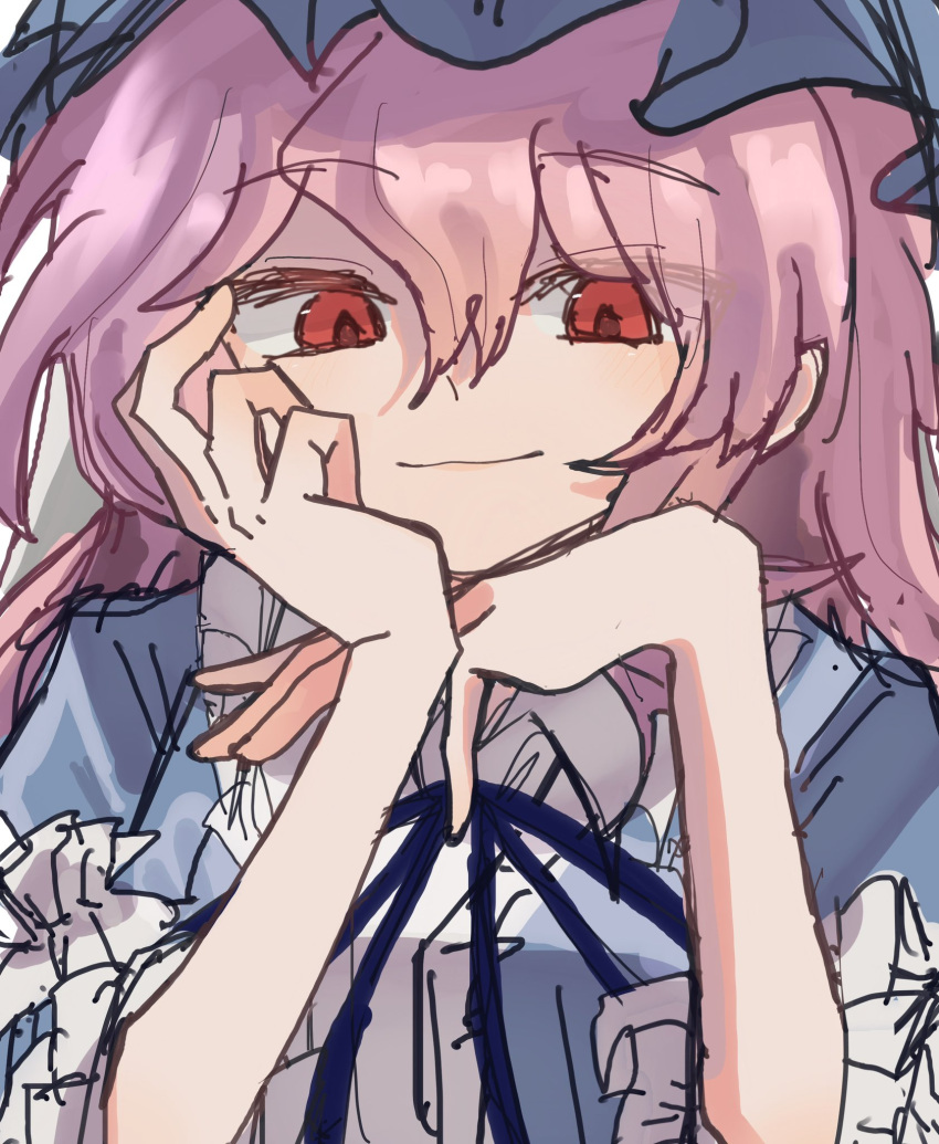 1girl, blue_ribbon, blue_skirt, closed_mouth, frilled_hat, frilled_shirt, frills, hachi_6218