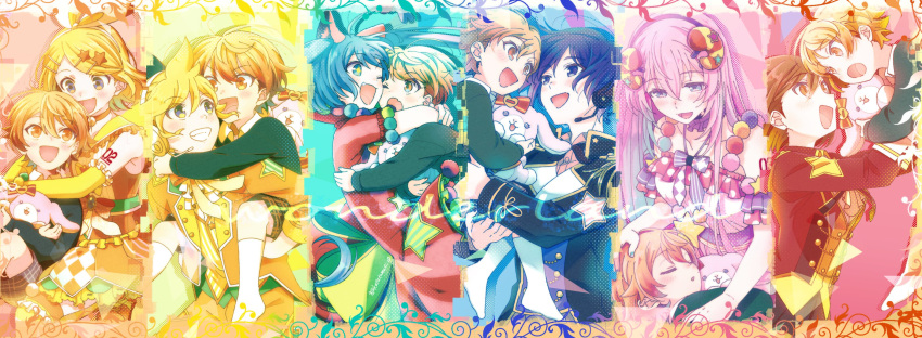 3boys, 4girls, aged_down, animal_ears, argyle_clothes, argyle_dress, armpit_crease, arms_around_neck