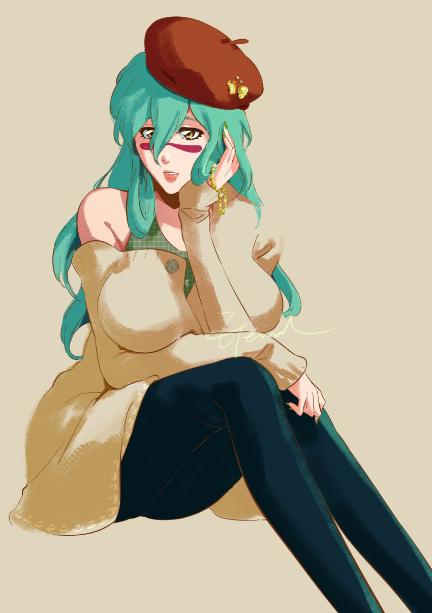 1girl, arm_on_knee, beret, bleach, blouse, bracelet, braised_goose, breasts
