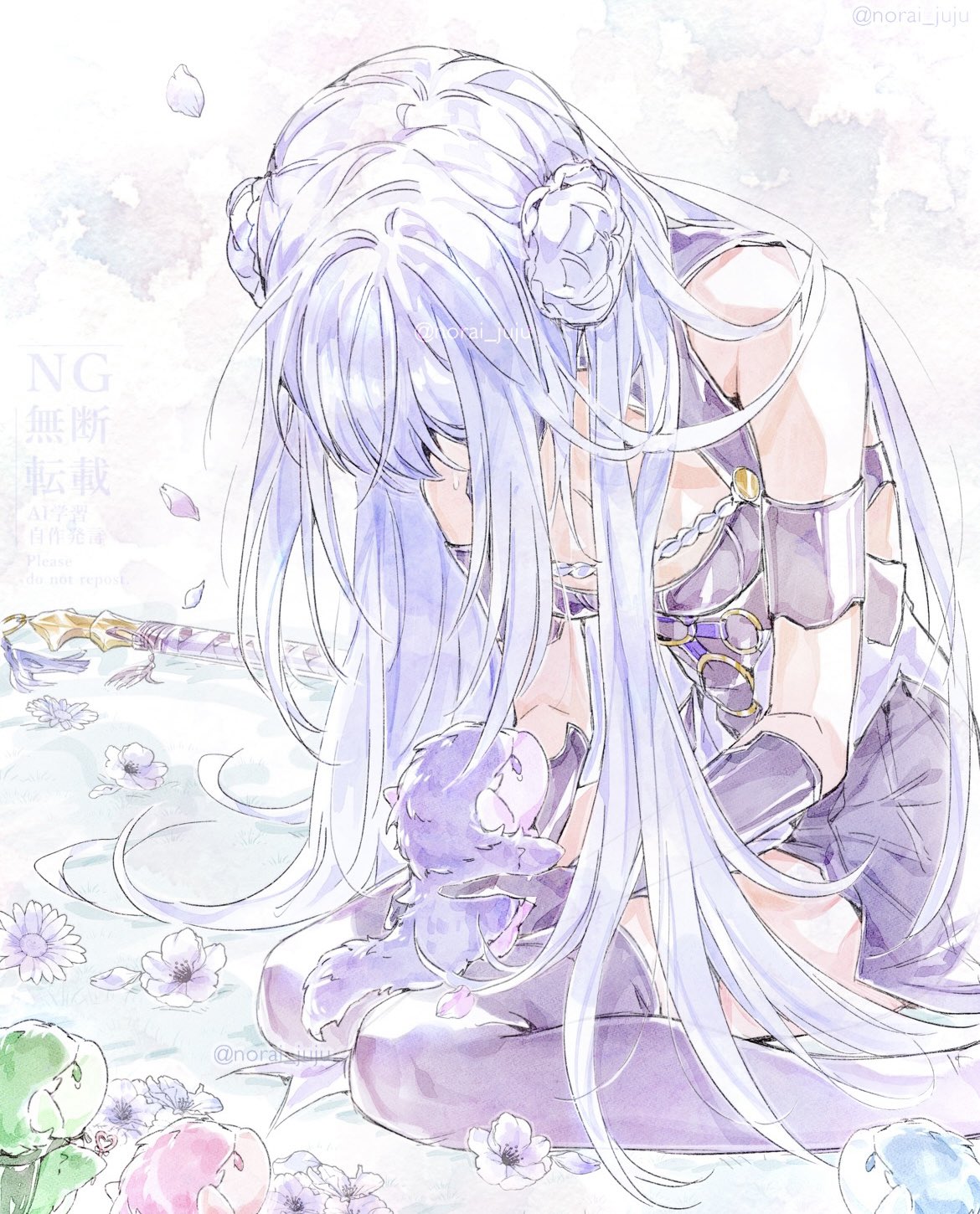 1girl, breasts, detached_sleeves, double_bun, elbow_gloves, english_commentary, faceless, faceless_female, falling_petals, gloves, hair_bun, head_down, highres, katana, long_hair, medium_breasts, nijisanji, nijisanji_en, norai_juju, paladin_(victoria_brightshield), petals, sitting, sword, thigh-highs, twitter_username, very_long_hair, victoria_brightshield, virtual_youtuber, wariza, weapon, white_hair