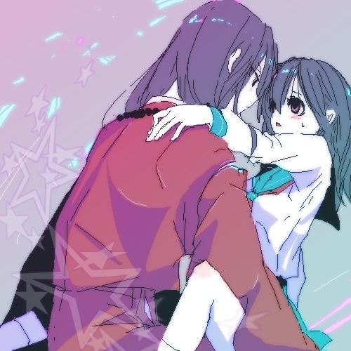 eye_contact, higurashi_kagome, hug, inuyasha, inuyasha_(character), inuyasha_(human), looking_at_another, lowres, mottimotti, oekaki