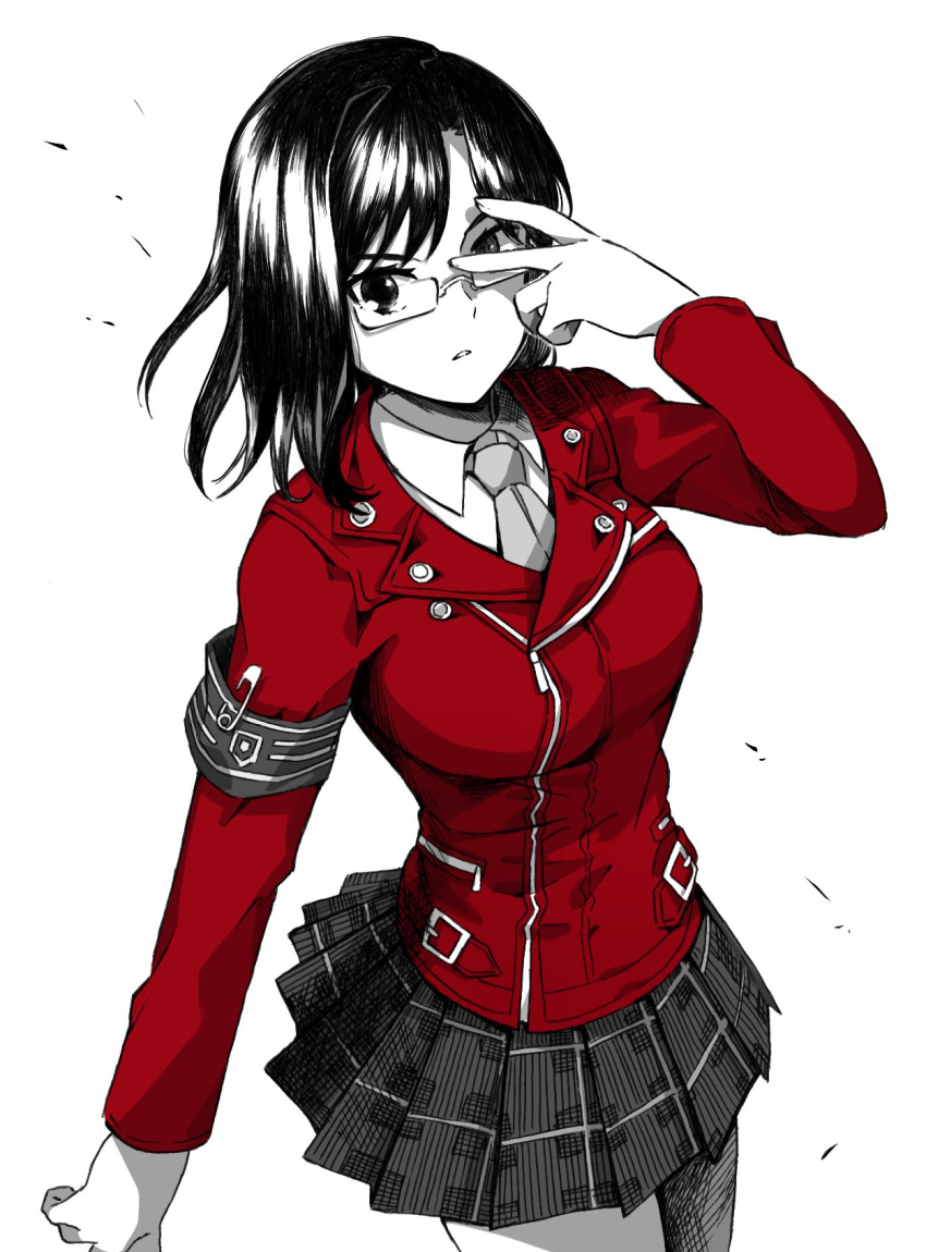 1girl, armband, breasts, collared_shirt, covering_one_eye, glasses, greyscale, highres