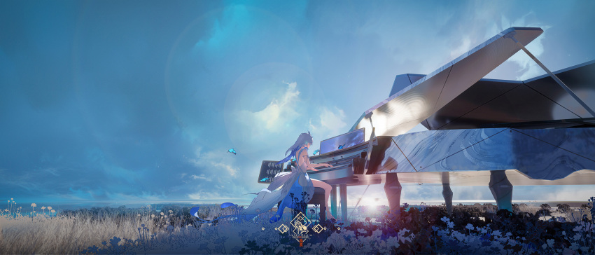 1girl, armlet, bare_legs, blue_sky, commentary, dress, grand_piano, highres, instrument, jewelry, legs, logo, music, official_art, outdoors, piano, playing_instrument, playing_piano, sitting, sky, sleeveless, sleeveless_dress, solo, sunrise, the_shorekeeper_(wuthering_waves), veil, void_0, white_dress, white_veil, wide_shot, wuthering_waves