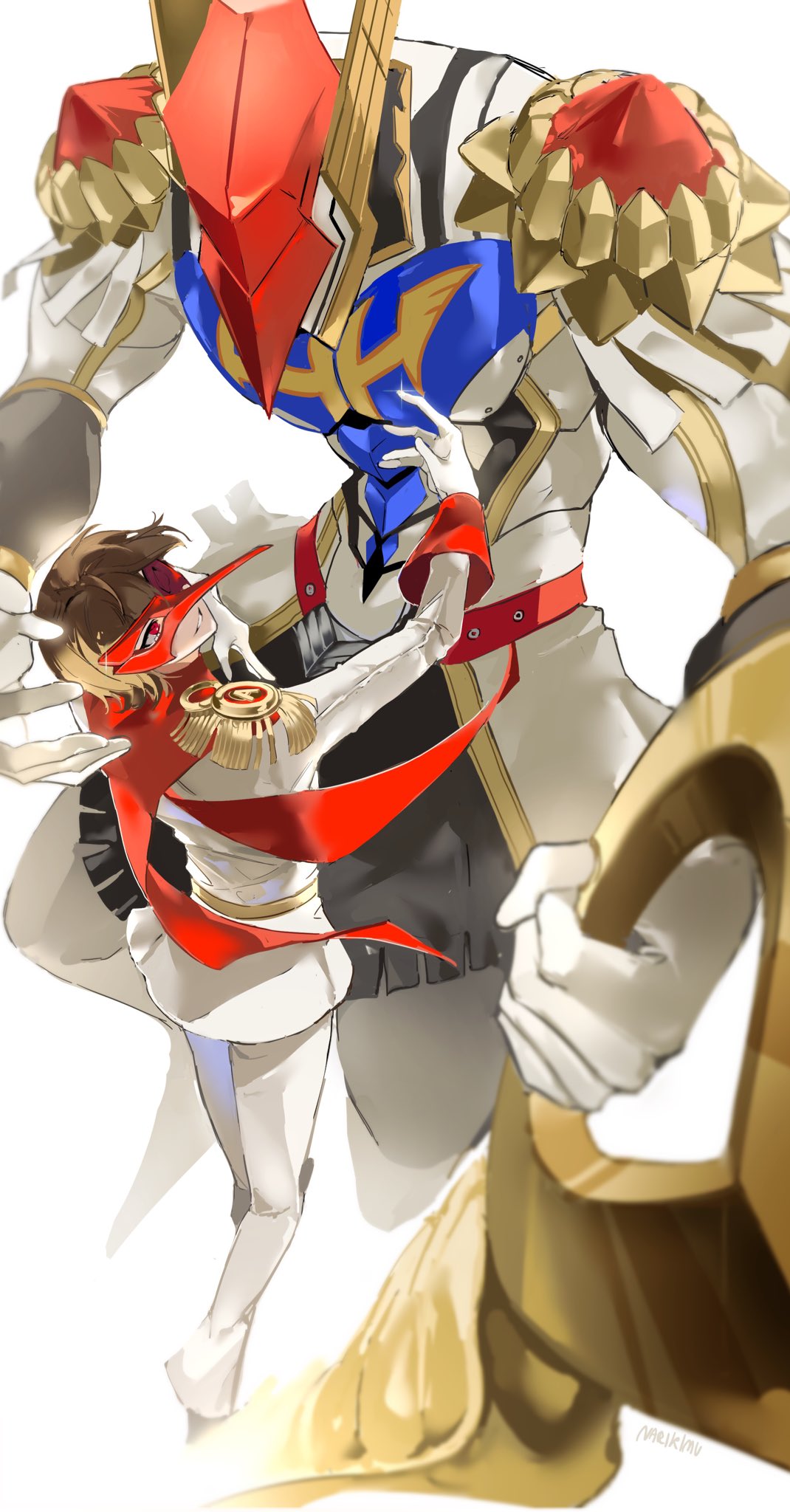2boys, akechi_gorou, balloooonfish, bird_mask, brown_hair, commentary_request, epaulettes, gloves