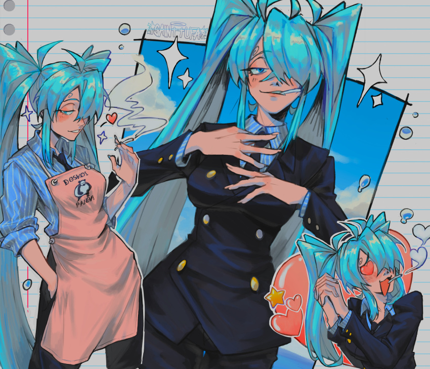 1girl, absurdres, ahoge, apron, aqua_hair, artist_name, black_necktie, black_suit