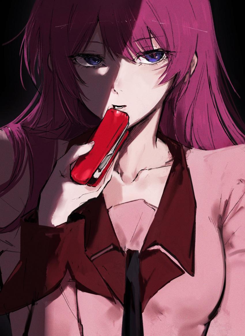 1girl, bakemonogatari, black_background, black_necktie, blue_eyes, breasts, collarbone, collared_shirt