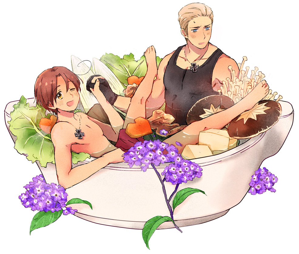 /r, axis_powers_hetalia, blonde_hair, blue_eyes, brown_eyes, brown_hair, couple, flower