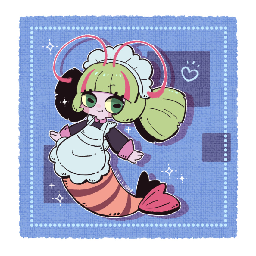 1girl, antennae, apron, black_shirt, closed_mouth, dated, drop_shadow, elda_(precure), eyelashes, fang, full_body, green_eyes, green_hair, heart, karin_(100100), long_sleeves, maid_headdress, medium_hair, outline, precure, rectangular_pupils, shirt, shrimp_girl, signature, smile, solo, tropical-rouge!_precure, twintails, white_apron, white_outline