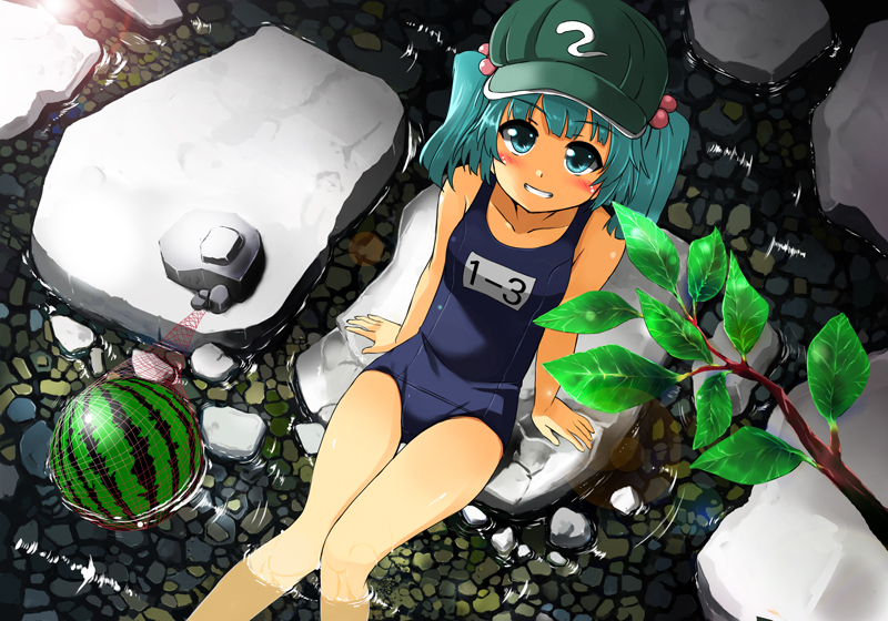 blue_eyes, blue_hair, branch, collarbone, food, from_above, fruit, grin, hair_bobbles, hair_ornament, hat, kawashiro_nitori, one-piece_swimsuit, school_swimsuit, short_hair, sitting, smile, solo, submerged, swimsuit, toichi, touhou, twintails, water, watermelon