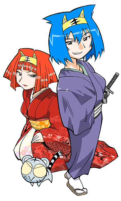 2girls, amu_ru, animal_ear_headphones, animal_ears, aqua_hair, benga_ru, black_outline, black_tail
