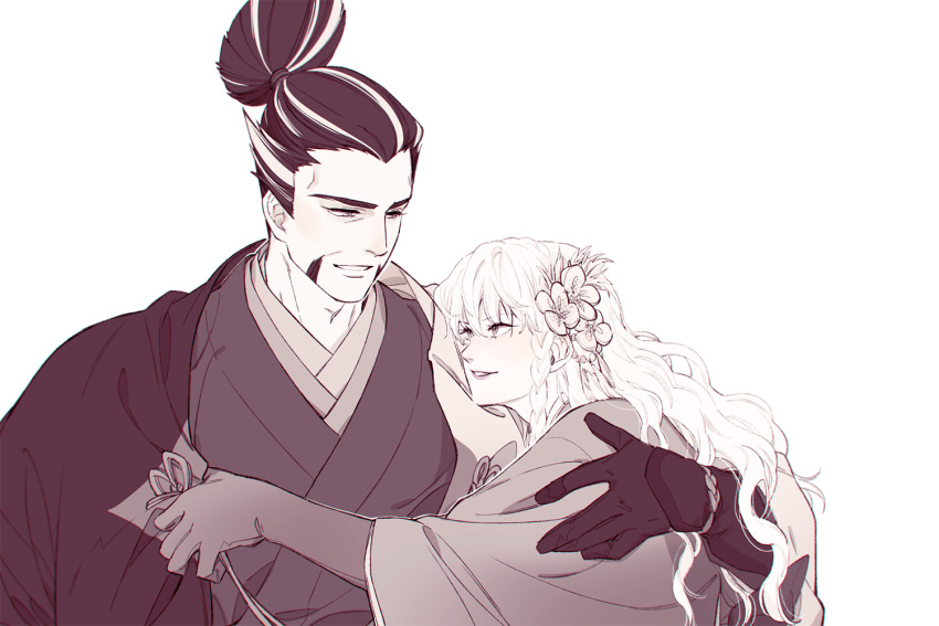 1boy, 1girl, braid, couple, crown_braid, eye_contact, grin, hair_ornament