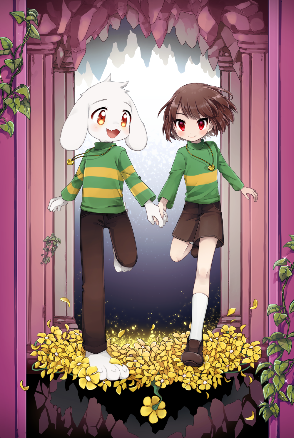 1boy, 1other, :3, animal_ears, asriel_dreemurr, barefoot, blush, brown_footwear