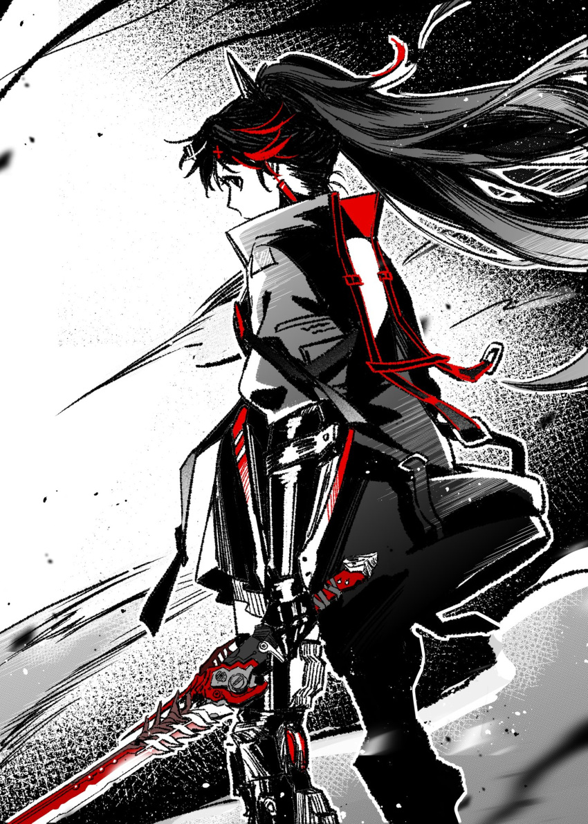 1girl, backless_jacket, earrings, greyscale, hair_ornament, headgear, highres, holding