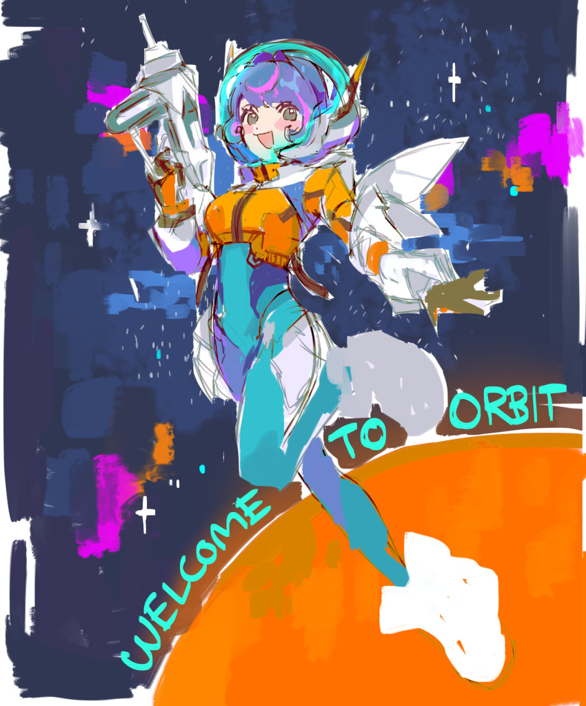 1girl, absurdres, blue_bodysuit, blue_hair, blush, bodysuit, boots, breasts, cropped_jacket, full_body, gloves, grey_eyes, grey_gloves, gun, helmet, highres, holding, holding_gun, holding_weapon, jacket, juno_(overwatch), looking_at_viewer, medium_breasts, multicolored_hair, nonsensemanna, open_mouth, orange_jacket, overwatch, overwatch_2, short_hair, sketch, smile, solo, streaked_hair, weapon, white_footwear