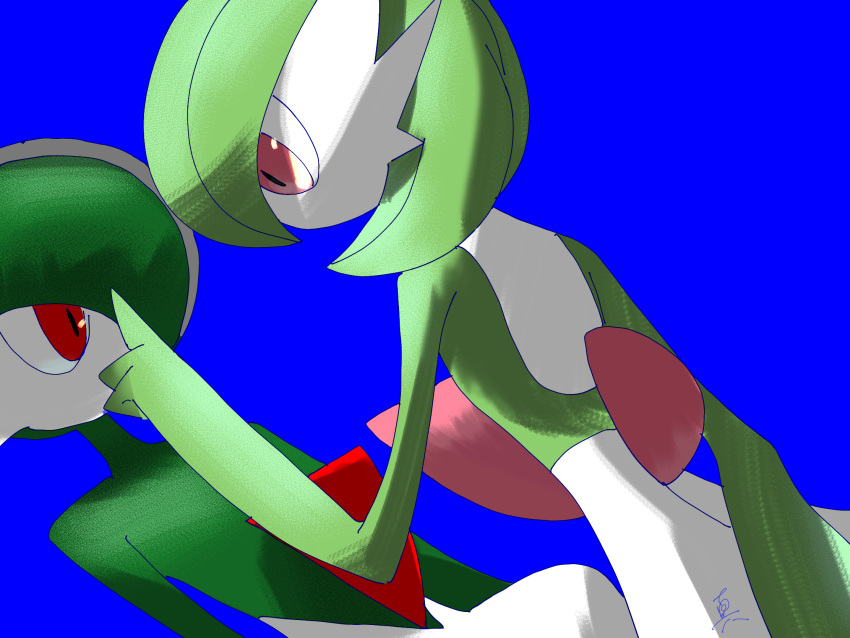1boy, 1girl, ame_(metorui), arm_behind_back, artist_name, back, blue_background, bob_cut, colored_skin, commentary_request, dutch_angle, eye_contact, from_behind, gallade, gardevoir, green_hair, green_skin, hair_over_one_eye, hand_up, highres, index_finger_raised, looking_at_another, multicolored_hair, multicolored_skin, one_eye_covered, pokemon, pokemon_(creature), red_eyes, short_hair, shushing_another, signature, simple_background, two-tone_hair, two-tone_skin, white_skin