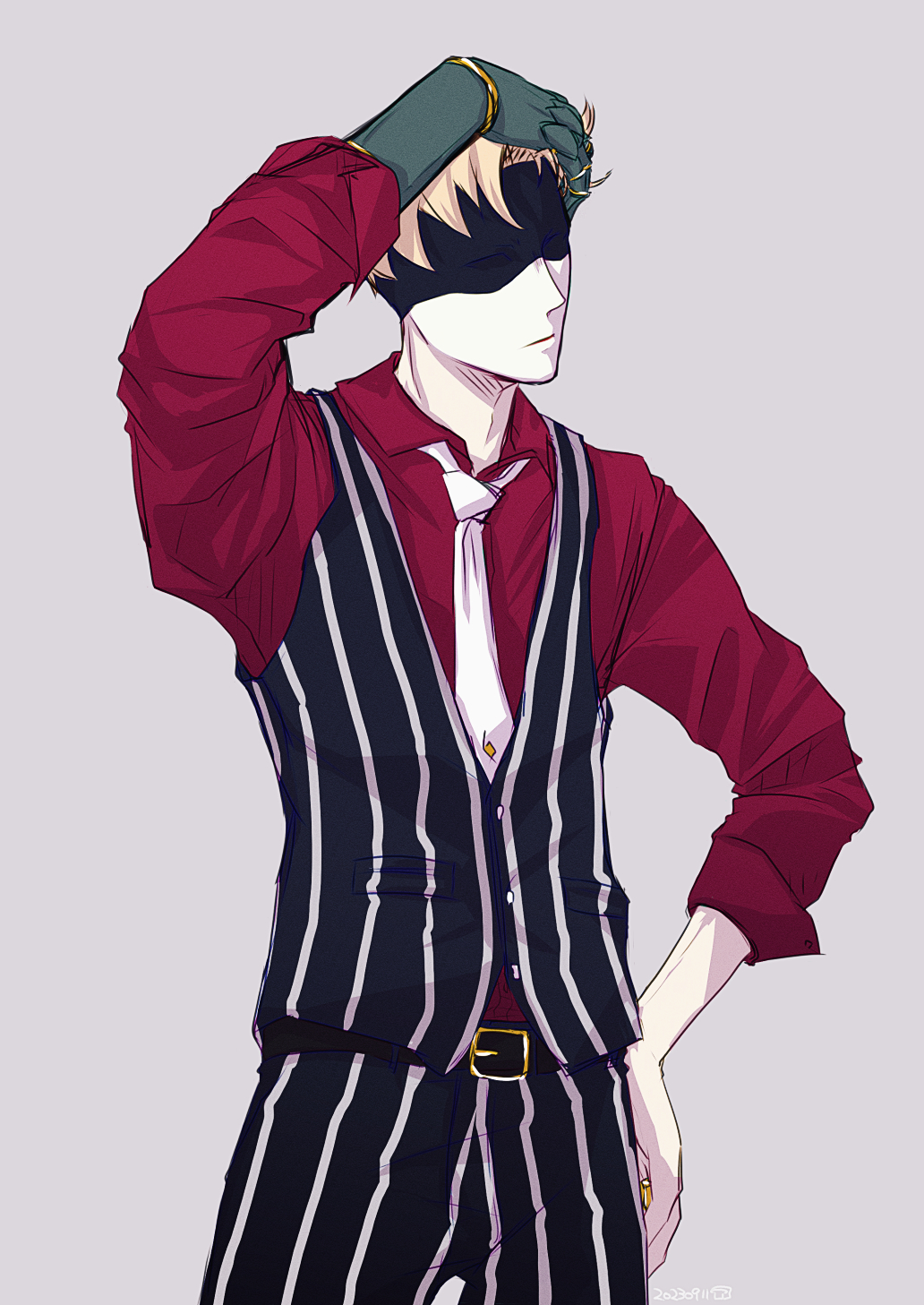 1boy, alan_gabriel, arm_up, atgrbread, belt, black_belt, blonde_hair, bracelet, closed_mouth, collared_shirt, cowboy_shot, grey_background, highres, jewelry, long_sleeves, male_focus, mask, necktie, pale_skin, pants, red_shirt, shirt, simple_background, solo, striped_clothes, striped_pants, striped_vest, the_big_o, vest, white_necktie
