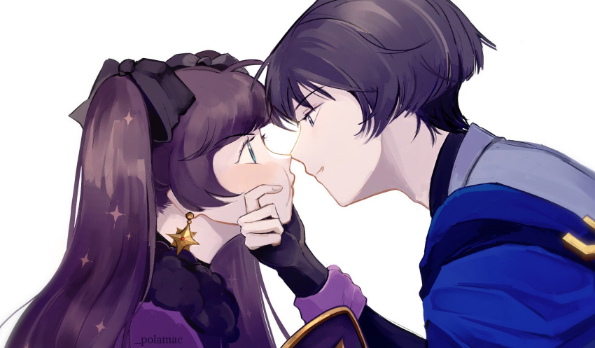 1boy, 1girl, adam's_apple, artist_name, black_bow, black_hair, blue_cape, blue_eyes