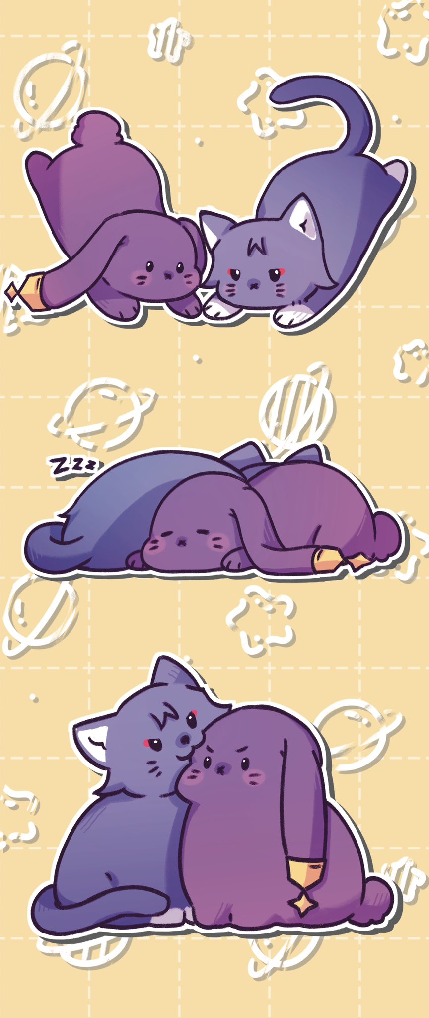 akairiee, animalization, biting_another's_head, black_eyes, cat, checkered_background, closed_eyes, eyeliner