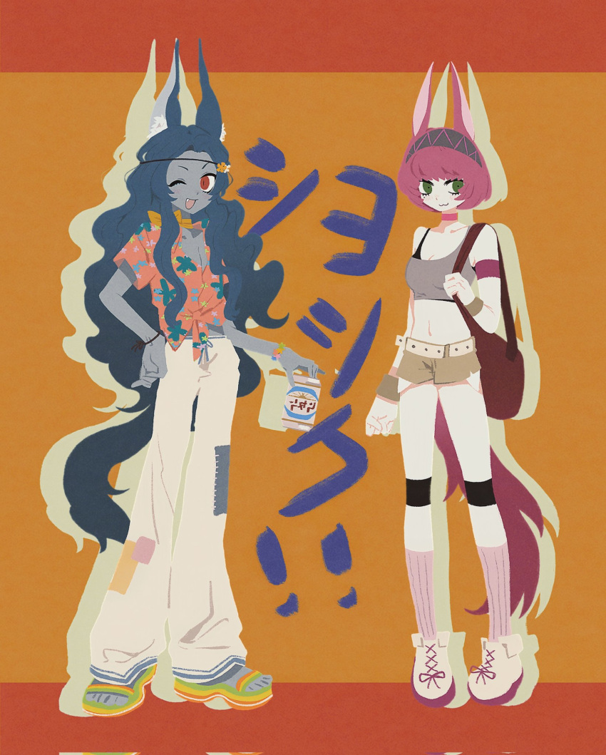1boy, 1girl, :3, :d, alternate_costume, animal_ears, bare_shoulders, blue_hair, brown_shorts, can, catherina_(metaphor:_refantazio), choker, colored_skin, contemporary, corrupted_twitter_file, drop_shadow, fang, green_eyes, hawaiian_shirt, highres, holding, holding_can, looking_at_viewer, loveless_(metaphor:_refantazio), metaphor:_refantazio, one_eye_closed, open_clothes, open_shirt, orange_background, pants, pink_choker, pink_hair, red_eyes, sandals, shirt, shoes, shorts, simple_background, slit_pupils, smile, sneakers, tail, white_pants, yesheng_zong_ren