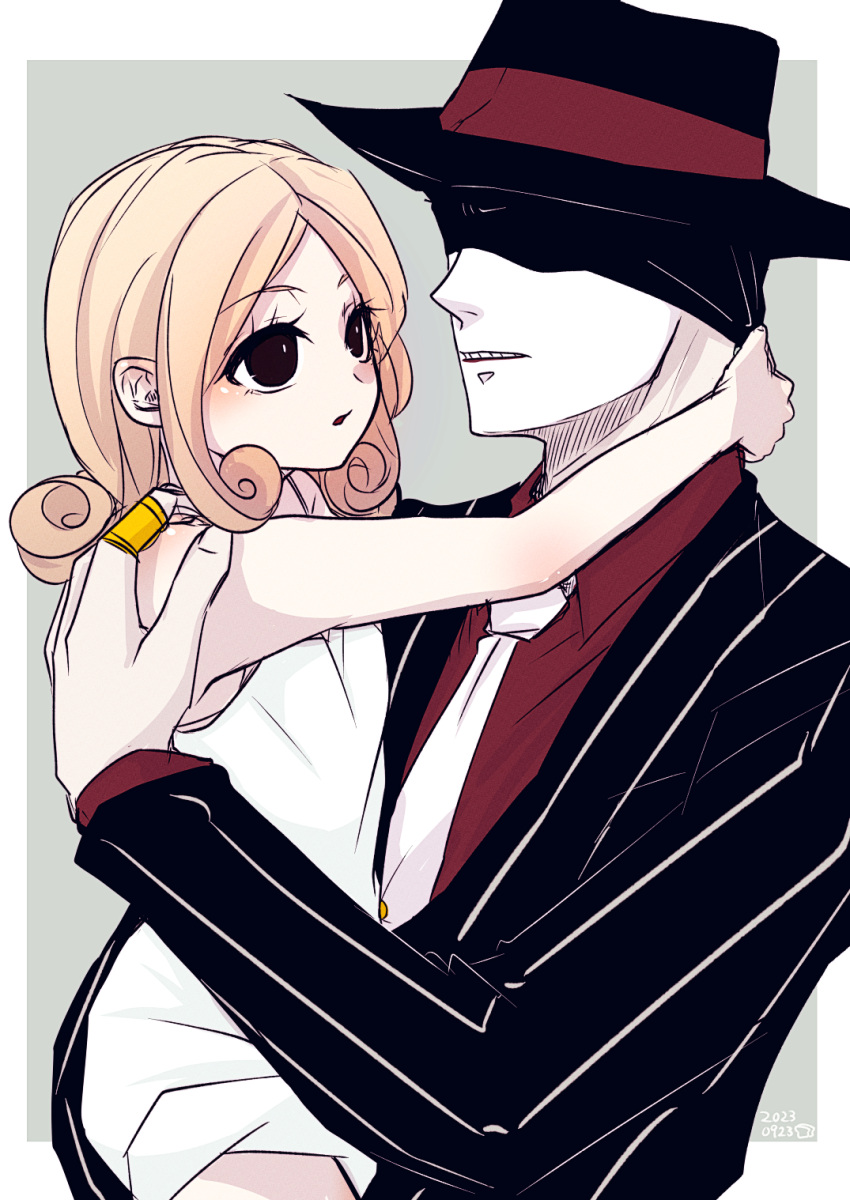 1boy, 1girl, age_difference, aged_down, alan_gabriel, angel_(big_o), atgrbread, black_eyes, black_hat, blonde_hair, border, carrying, carrying_person, collared_shirt, dress, eyelashes, grey_background, hat, highres, jacket, jewelry, looking_at_another, mask_pull, pale_skin, parted_lips, red_shirt, ring, shirt, striped_clothes, striped_jacket, the_big_o, white_border, white_dress