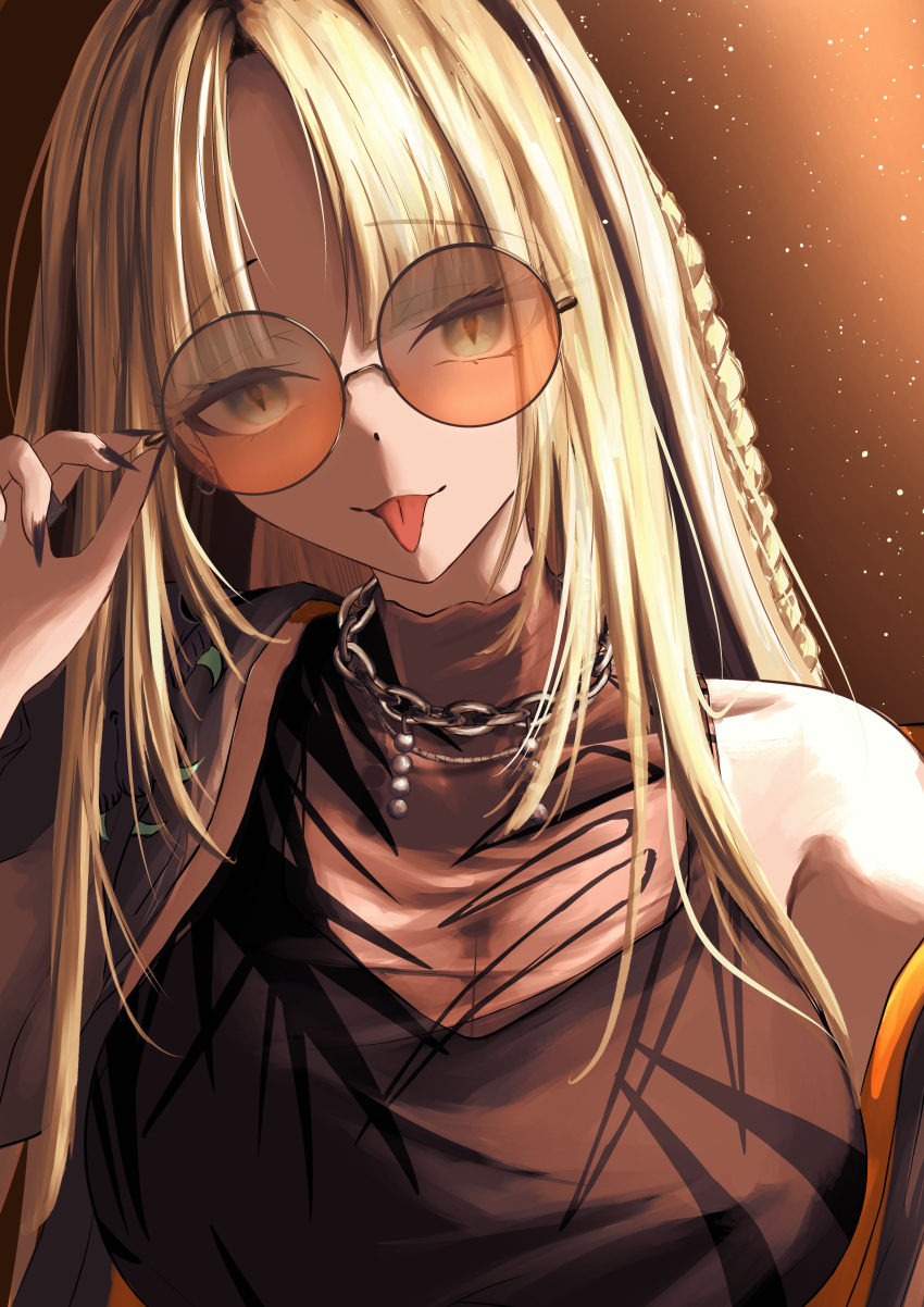 1girl, :p, absurdres, adjusting_eyewear, bare_shoulders, black_nails, black_tank_top, blonde_hair, breasts, chain, chain_necklace, commentary, crop_top, earrings, green_eyes, hand_on_eyewear, highres, hololive, hololive_dev_is, jacket, jewelry, koganei_niko, long_hair, long_sleeves, multicolored_hair, necklace, open_clothes, open_jacket, orange-tinted_eyewear, pants, parted_bangs, ring, see-through_clothes, see-through_shirt, sharp_teeth, shirt, simple_background, solo, streaked_hair, sukajan, sunglasses, sweatpants, tank_top, teeth, tinted_eyewear, tongue, tongue_out, track_pants, two-tone_hair, unworn_eyewear, virtual_youtuber, yamabro