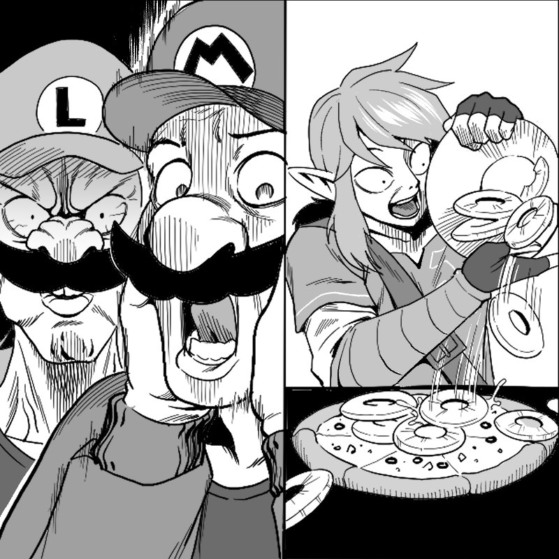 3boys, big_nose, bloodshot_eyes, bowl, brothers, cabbie_hat, clothes_writing, commentary_request, company_connection, constricted_pupils, cooking, crossover, disgust, facial_hair, fingerless_gloves, food, fruit, furrowed_brow, gloves, greyscale, hands_on_own_cheeks, hands_on_own_face, hands_up, hat, holding, holding_bowl, korean_commentary, layered_sleeves, link, long_sleeves, luigi, male_focus, mario, medium_hair, monochrome, motion_lines, multiple_boys, mustache, open_mouth, pineapple, pineapple_on_pizza, pineapple_slice, pizza, pointy_ears, pouring, shirt, short_over_long_sleeves, short_sleeves, siblings, sidelocks, super_mario_bros., surprised, teeth, tekkin_papa, the_legend_of_zelda, the_legend_of_zelda:_breath_of_the_wild, veins, veiny_neck, wide-eyed