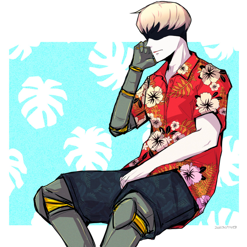 1boy, alan_gabriel, android, atgrbread, black_mask, blonde_hair, blue_swim_trunks, closed_mouth