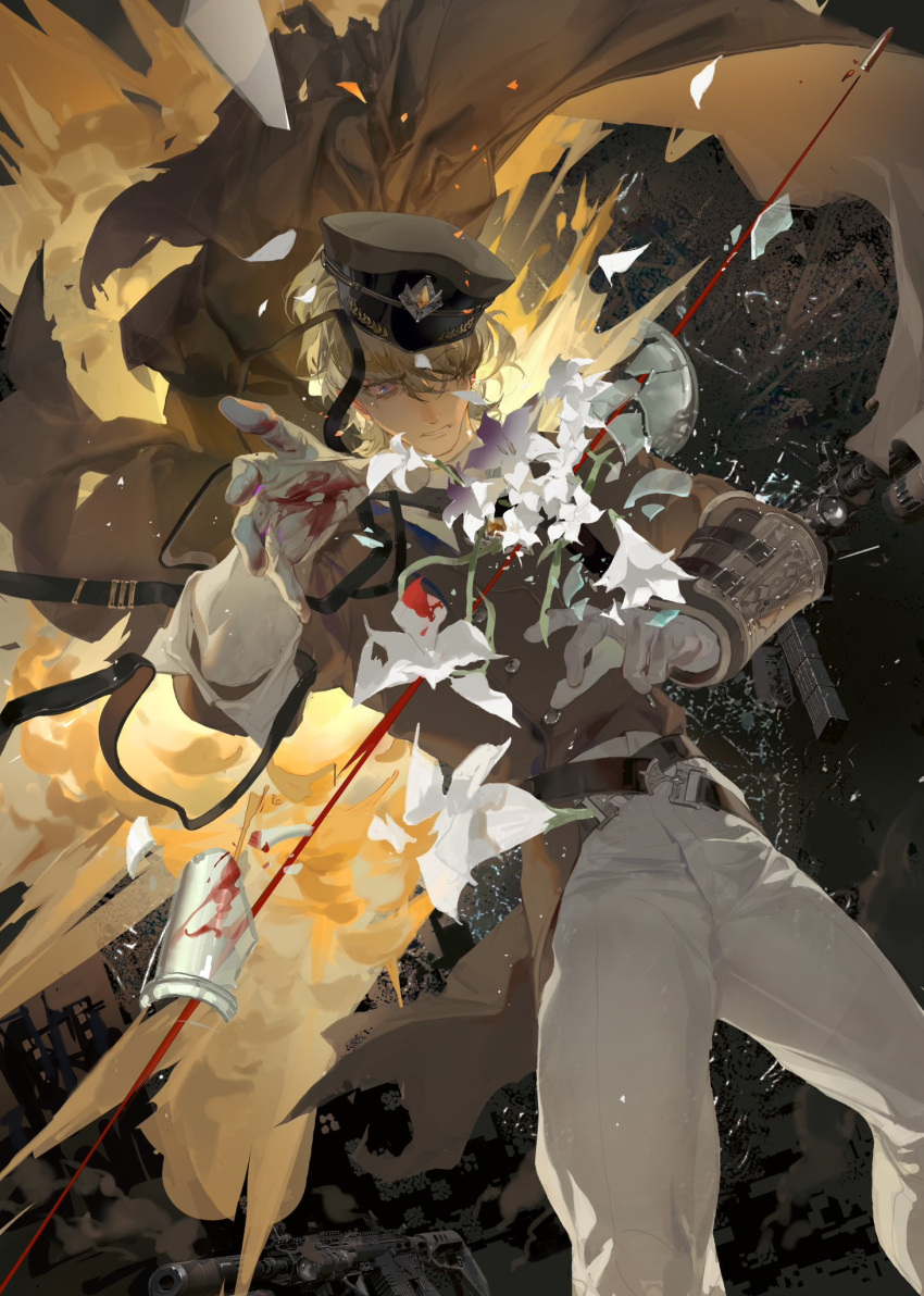 1boy, arm_guards, armor, assault_rifle, belt, blonde_hair, blood, blood_on_gloves