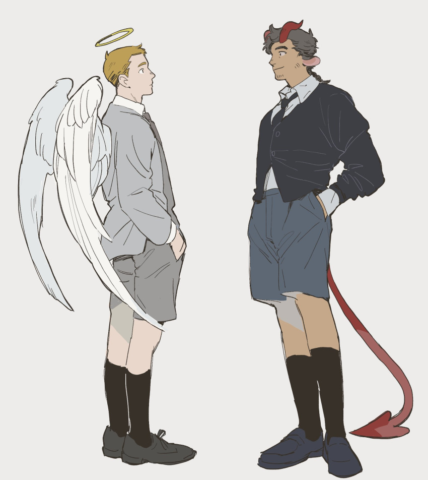 2boys, all_saints_street, alternate_costume, angel, angel_wings, black_footwear, black_hair, black_jacket