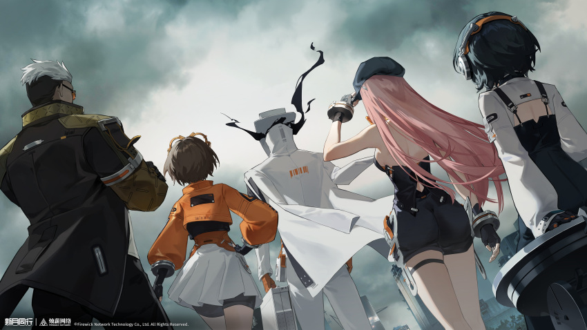 1boy, 1other, 3girls, absurdres, arm_up, bike_shorts, black_dress, black_gloves